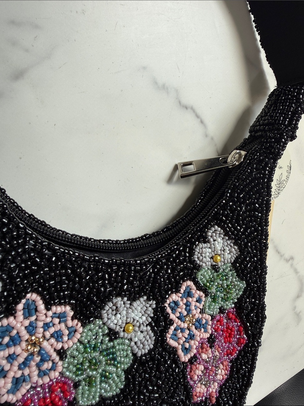 Beaded Floral Black Crescent Shoulder Bag - Picture 4 of 9